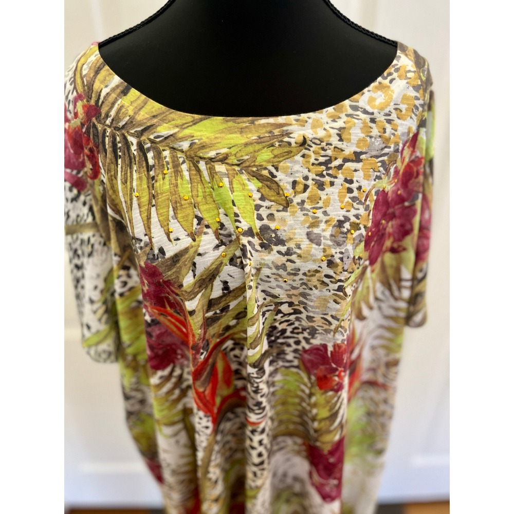 erra & Sky Plus Size 3X Tropical Cheetah Tunic Blouse Gold Rhinestone Top 24W